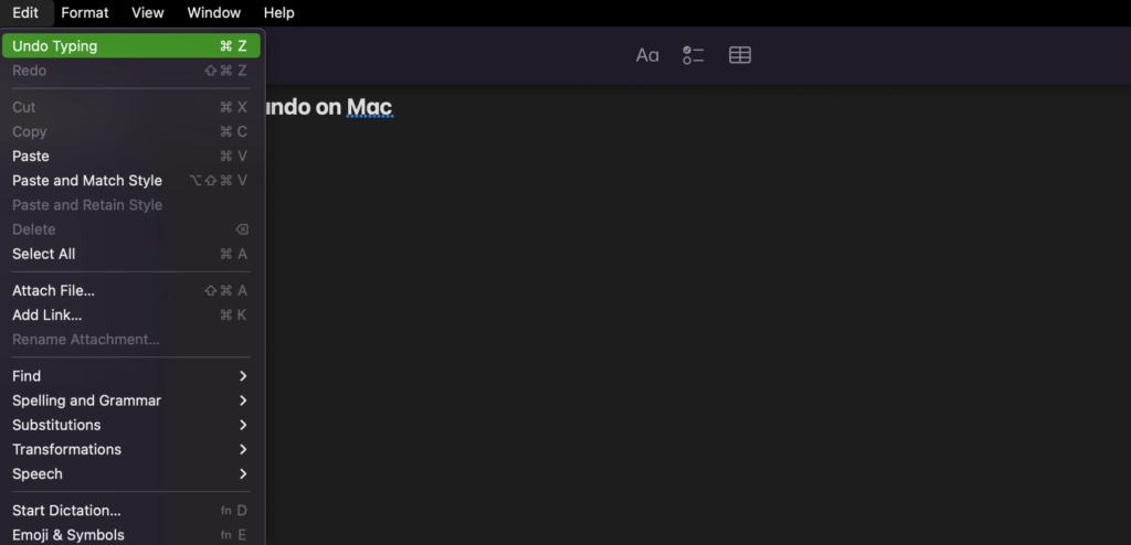 how to undo on mac using edit